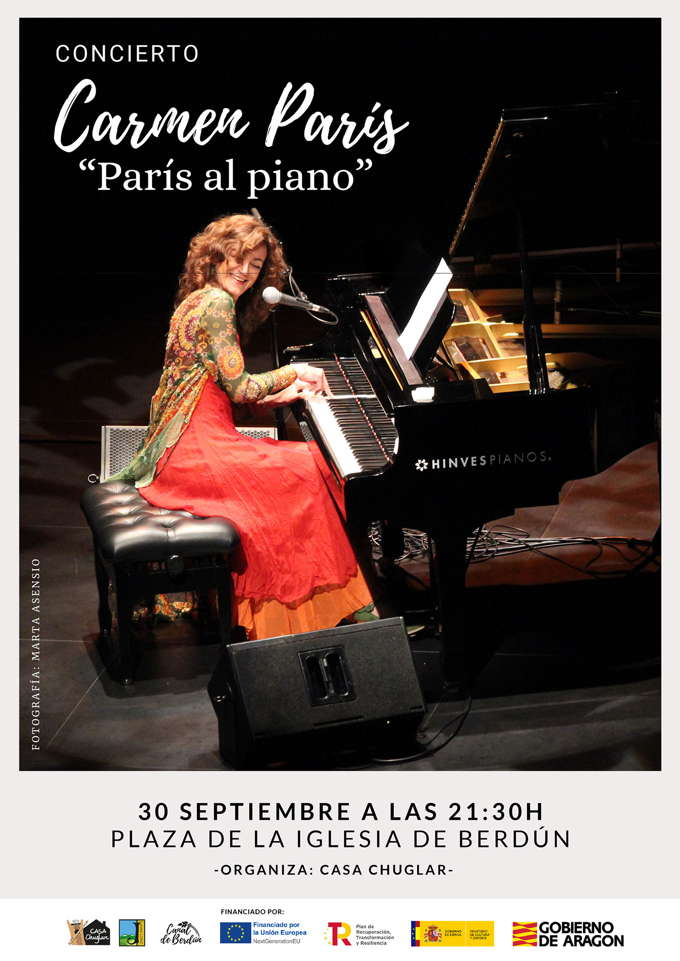 30 septiembre Concierto de Carmen París “París al piano”. 21:30 Plaza de la Iglesia de Berdún